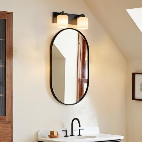 mirrea 2-Light Black Bathroom Vanity Light with White Glass Shades | Over Mirror,Wall Sconce,ETL listed,Bathroom Lighting Fixtures,Elegant Design,Milk White Glass Shade,Easy Installation