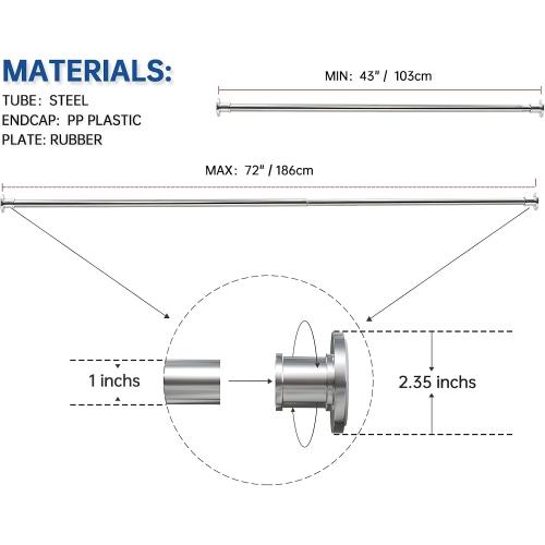 Industrial Shower Curtain Rod - Rustproof Non-Slip 43-72 Inch 304 Stainless Steel Tension Curtain Rod for Window or Bathroom, Chrome