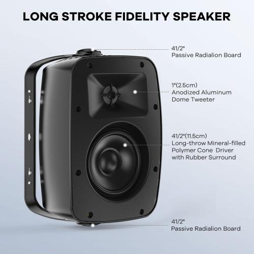 Hiwill Outdoor Speaker Waterproof – 4.5 Woofer with Dual Passive Radiators, Aluminum Dome Tweeter, All-Weather Durable Mountable Speakers for Patio, Poolside, Indoor-Outdoor Flexibility(Pair, Black)