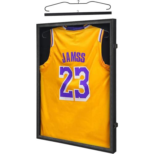 KCRasan Jersey Frame Display Case - Jersey Display Case - Large Lockable Frames Shadow Box with UV Protection for Baseball Basketball Football Soccer Hockey Sport Shirt, Black Finish, Black Locks