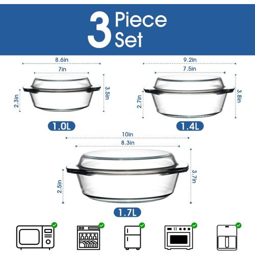 ZYER Round Glass Casserole Dish Set, Glass Casseroles with Lid (Set of 3-1L, 1.4L, 1.7L)