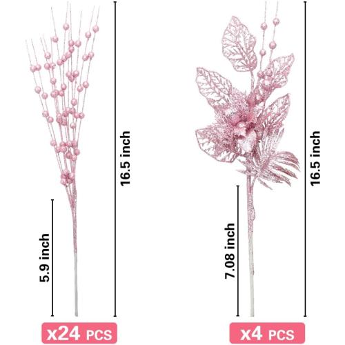 ROSELEAF 28 Pack Christmas Tree Picks and Sprays, Pink Christmas Ornaments Artificial Glitter Berry Flowers Stem Branches Ornaments for Christmas Tree Gift Small Vase Home Holiday Wedding Party