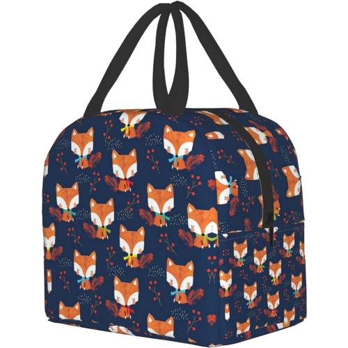 Cute Fox Lunch Bag for Women Small Insulated Lunch Box Leakproof Reusable Girls Lunchbag Office Work School Picnic Portable Black