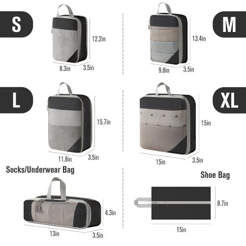 WOOMADA Compression Packing Cubes for Suitcases Travel Essentials 6 Set Rectangle Mesh Expandable Travel Bags Organizer for Luggage