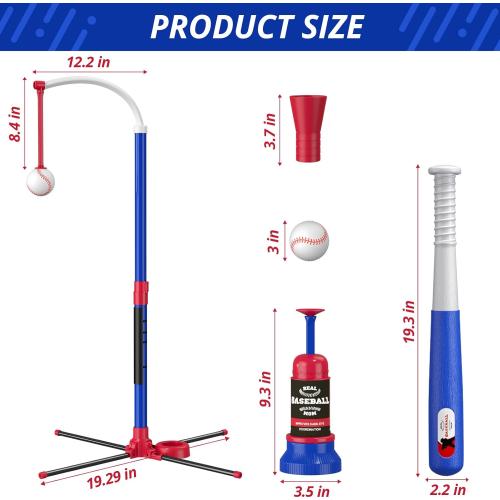 3-in-1 Baseball Set for Kids 3-5 - Tee Ball Stand, Hanging Tee, Ball Launcher and 6 Softballs - Adjustable Height, Indoor/Outdoor Sport Gifts for Boys Girls, Blue