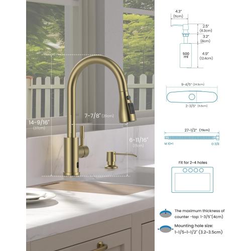 APPASO Touchless Kitchen Faucets Gold, Brushed Gold Kitchen Faucet Touchless, Touchless Kitchen Faucet with Pull-Down Sprayer and Soap Dispenser, Stainless Hands Free Faucet for Kitchen Sink 2-4 Hole