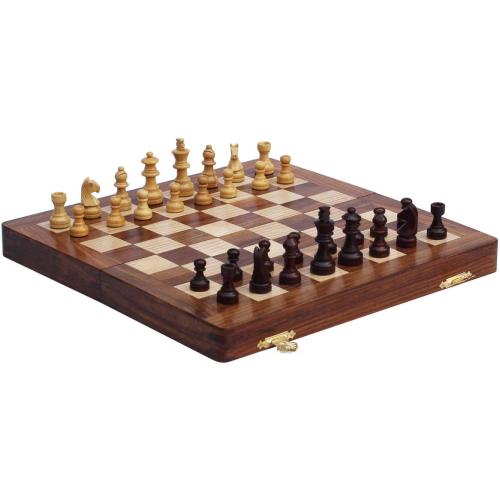 Magnetic Travel Chess Board Set - Classic Wood Staunton 7 X 7 Inch Pocket Chess Set with Folding Game Board Handmade in Fine Rosewood