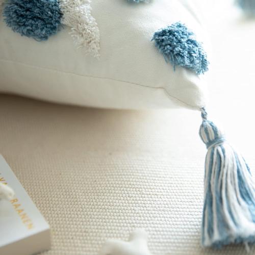 Set of 2 18x18 Inch Blue Cotton Woven Boho Throw Pillow Covers, Tufted Decorative Square Pillowcases Covers with Tassels for Couch Sofa Bed, Living Room Sofa, Farmhouse, 18x18 Inch Blue(2 pcs)