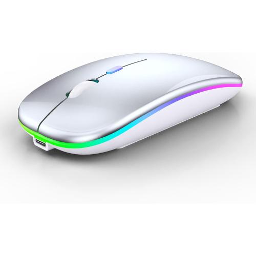 Wireless Bluetooth Mouse Rechargeable Laptop Mice with LED Lights Silent Slim Use(BT5.2 and 2.4G Portable USB Receiver)Dual Mode Computer Mouse for Laptop/iPad/Tablet/Apple/Computer/Mac(Silver)