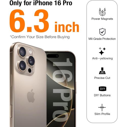TORRAS for iPhone 16 Pro Case Diamond Clear | Compatible with MagSafe, Military Grade Drop Protection, Stronger Magnetic, Shockproof Airbag, Color Button, Slim Anti-Yellowing Anti-Scratch Transparent
