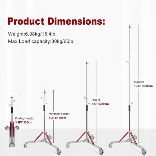 Heavy Duty Light Stand with Casters,10ft/305cm Adjustable Light Stand with Stainless Steel