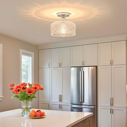 Brushed Nickel Semi Flush Mount Ceiling Light, Antique Ceiling Light with Glass, Indoor Close to Ceiling Light Fixture, Entryway Light Fixtures, Overhead Lighting Fixture for Hallway Kitchen Bedroom