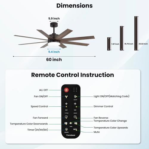 60 Inch Ceiling Fans with Lights and Remote, Dual Color 6 Blades, Bedroom Living Room Office Library Cafe Outdoor Industrial, 3CCT Dimmable, 6 Speed Reversible Quiet DC Motor, Brown/Wood Grain