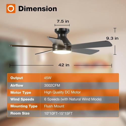 42 Dark Brown addlon Ceiling Fans with Lights, 42 Inch Low Profile Ceiling Fan with Light and Remote Control, Flush Mount, Reversible, 3CCT, Dimmable, Quiet, Small Ceiling Fan for Bedroom Indoor/Outdoor Use