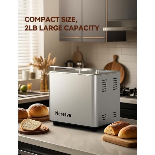 Neretva Bread Maker, 20-IN-1 2LB Bread Machine Dual Heater Bread Maker Machine Automatic with Nonstick Ceramic Pan, 15H Timer & 1H Keep Warm Set, Low Noise, Stainless Steel Breadmaker Recipe-Silver