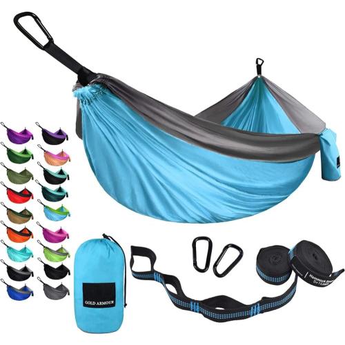 Gold Armour Camping Hammock - Portable Hammock Single Hammock Camping Accessories Gear for Outdoor Indoor Adult Kids, USA Based Brand (Light Blue & Grey)