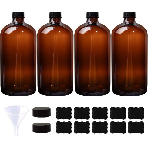 4 Pack 32 oz Amber Boston Round Glass Bottles with Black Caps for Secondary Kombucha Fermentation and Lab Chemicals (1 Funnel and 10 Pieces Black Chalkboard Labels Included)