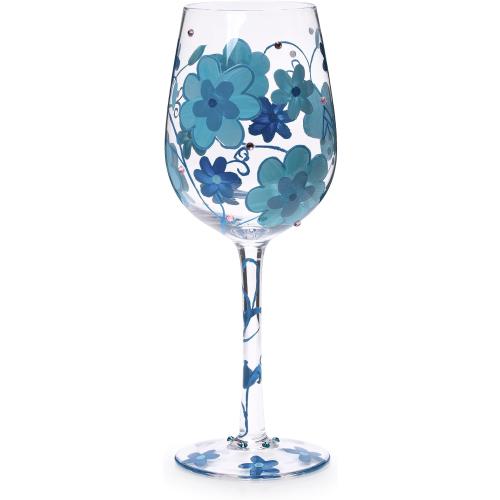 15 OZ Blue flower Artisan Painted Wine Glass,Flower Print Wine Glasses,Lead-Free Glasses Goblet for Home Dinning, Bar and Party Wedding Gift