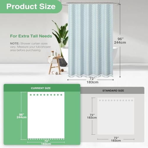 Dynamene Extra Long Shower Curtains, 96 Inch Long Boho Tufted Chevron Striped Fabric Shower Curtains for Bathroom, Tall Minimalist Waterproof Cloth Shower Curtain Set with Hook, Fog Blue, 72x96