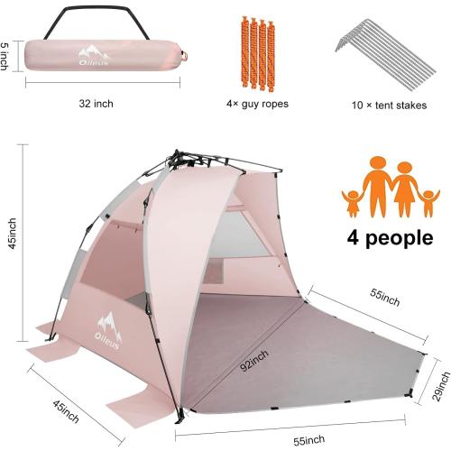 Oileus X-Large 4 Person Beach Tent Sun Shelter - Portable Sun Shade Instant Tent for Beach with Carrying Bag, Stakes, 6 Sand Pockets, Anti UV for Fishing Hiking Camping, Waterproof Windproof, Pink