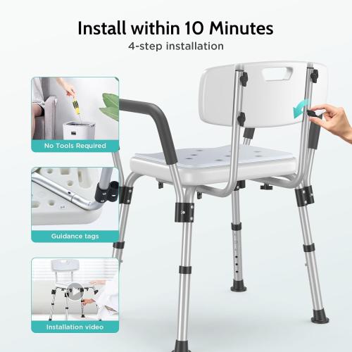 Kicimpro HSA/FSA Shower Chair for Elderly & Disabled, 10 Min Installation, Heavy Duty Bath Chair with Pad, 6 Adjustable Height Shower Seat for 5'1-6'4 Users