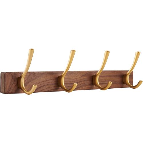 16 Inch Small Walnut Wood Coat Rack Wall Mount with 4 Hooks, Adhesive & Drilling Mounted, Heavy Duty Wooden Wall Coat Hanger Hanging Towel Clothes Hat Bag Purse Key Jacket Backpack Holder Gold