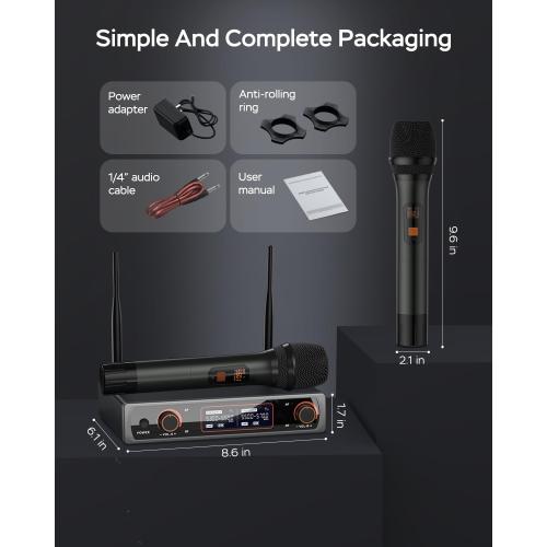 Wireless Microphones,Metal Dual Professional UHF Cordless Dynamic Wireless Microphone System for Church, DJ, Karaoke,Wedding, Home KTV Set,260Ft