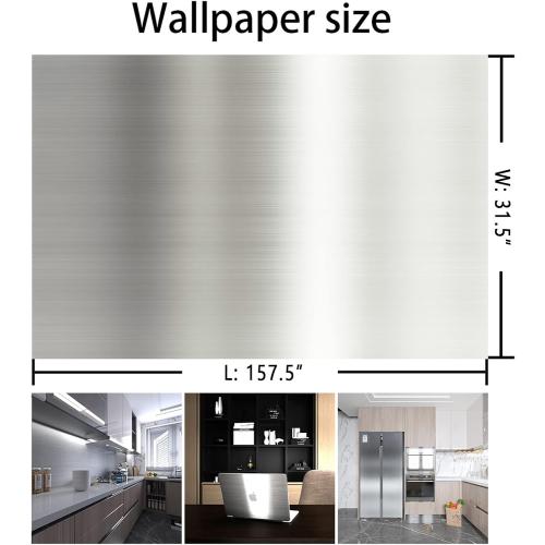 BAYYA Extra Wide Silver Stainless Steel Textured Countertop Contact Paper Vinyl Self-Adhesive Wallpaper Shiny Thicker 157x31.5inch Waterproof,Oil-Proof,Heat-Resistant Metal Look Stickers for Kitchen