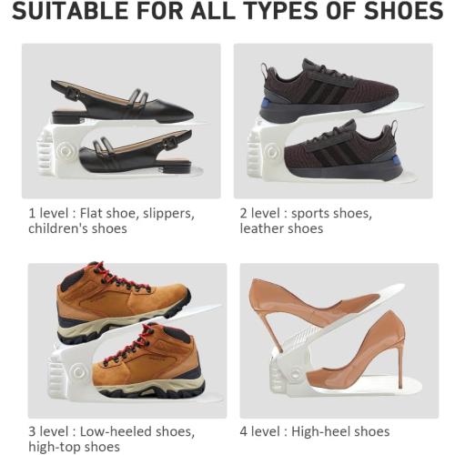 Shoe Slots Organizer 20 Pack - Shoe Stackers, Space Savers 50%, 4 Levels Adjustable, Double Layer Holders for Closet, White