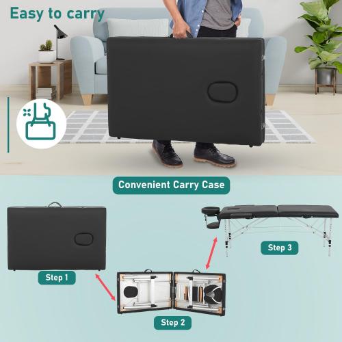 Massage Table Portable with Carry Case Esthetician 73 Inch Aluminium Bed Foldable Massage Table with Face Cradle Height Adjustable 2 Fold Spa Table,Black