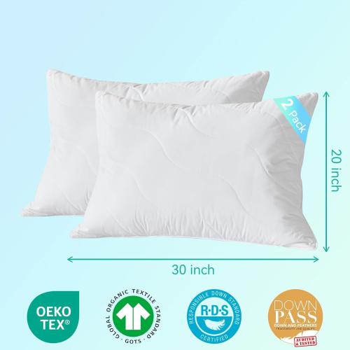 Three Geese White Goose Feather Down Pillows Standard Size, Cotton Pillows Set of 2-100% Cotton, Medium Firm,Soft Support