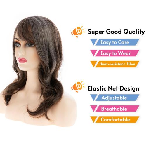 Womens Long Wavy Grey Brown Wigs for White Women Synthetic Heat Resistant Wig for Daily Party