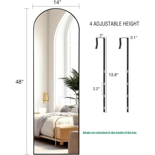 KOMCOTE Full Length Mirror 48x14 Inches - Over The Door Hanging Mirror for Bedroom, Living Room, Closet - Arch Floor Mirror, Door Mirror with Black Frame - No Drill Easy Install