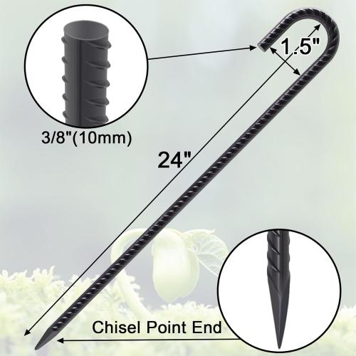 VVOKGO Rebar Stakes 24 Inch J Hook Heavy Duty Ground Anchors (8pcs), 3/8 Inch Diameter Metal Steel Extra Long Fence Stakes with Chisel Point End for Greenhouse, Gazebo, Carport, Camping Tents, Black