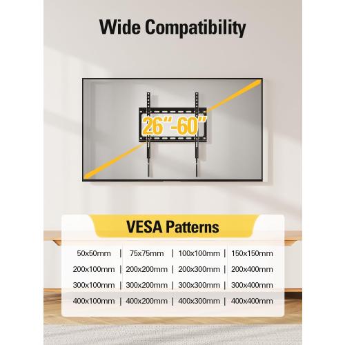 Mounting Dream TV Mount Fixed for Most 26-60 Inch LED, LCD and Plasma TVs, TV Wall Mount TVs Bracket up to VESA 400x400mm and 100 LBS Loading Capacity, Low Profile and Space Saving Flat Mount MD2361-K