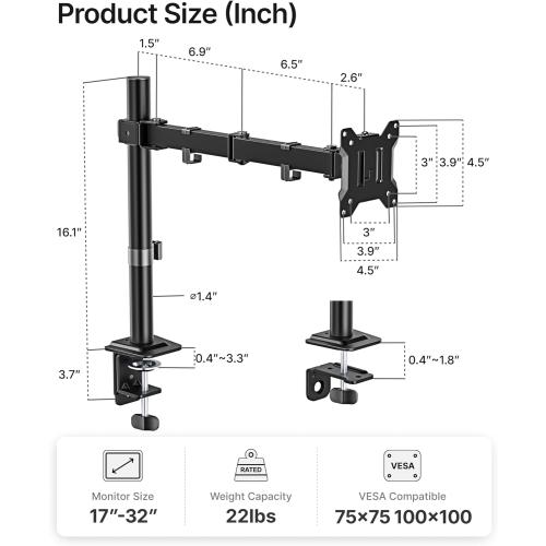 monTEK Single Monitor Stand for 17-32 inches Screen, Fully Adjustable Monitor Arm Desk Mount up to 22lbs Capacity, Computer Mount with C Clamp and Grommet Base, Max VESA 100x100mm