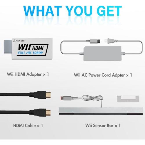 PORTHOLIC 4 in 1 Wii Replacement Cables Set, Wii AC Power Adapter   Wii to hdmi Converter  Wired Motion Sensor Bar and Composite Audio Video Cable for Nintendo Wii