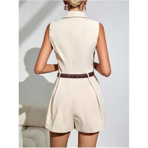Size L ... Women's V Neck Collar Sleeveless Romper Pleated Wide Leg Loose Short Jumpsuit