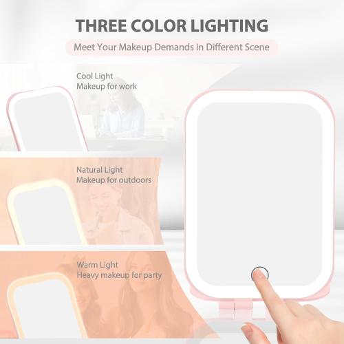 Travel Mirror with Light, Rechargeable Portable Makeup Mirror with Battery-Powered, 3 Colors LED Lighting, Dimmable Touch Screen Vanity Lighted Mirror