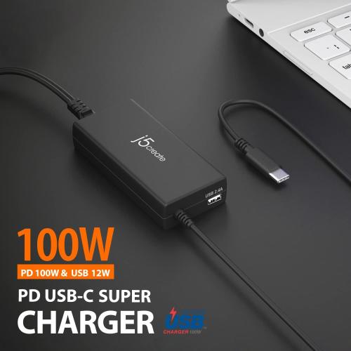 j5create USB Type C PD 100W Fast Charger for MacBook Pro, Chromebook, Laptop, Notebook, Tablet, Android, and iOS Smartphones (JUP2290)
