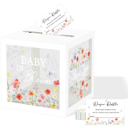 QISOLIY 50 Pieces Diaper Raffle Tickets with Box Baby Shower Game Invitations with Advice and Wishes for Baby Shower Games Gender Reveal Party Supplies (Clear Wildflower)
