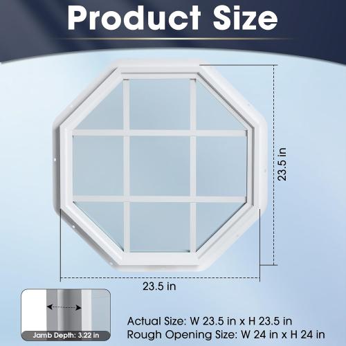 24x24 Vinyl Octagon Window with Grill,Low-E Glass with Argon Gas,Double-Pane Insulated Tempered Clear Glass Octagon Fixed Window and Picture Window