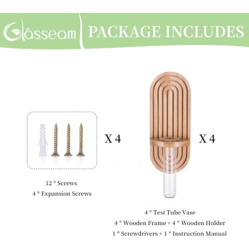 Glasseam Hanging Plant Propagation Stations: Rustic Wall Planter Set of 4 Planters for Indoor Plants Wood Plant Holder Decorative Glass Terrarium Test Tube Propogation Vase for Home Office Decor