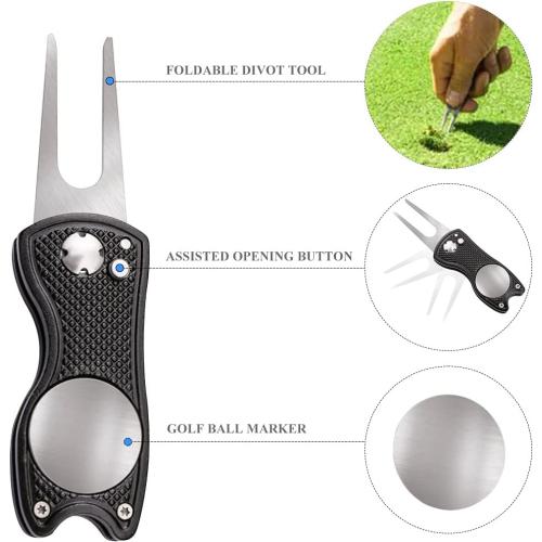 VIVIDLY Black 16 x 24 Waffle Pattern Tri-fold Golf Towel Set | Golf Club Brush | Golf Divot Tool
