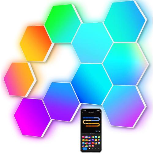 10 pack Large Hexagon LED Lights for Bedroom, Smart Home Gaming LED Wall Lights RGB-IC Gaming Room Decor Work with Alexa Google Assistant, Voice/App Control, Music Sync, DIY Modular Light Panels, 10 Pack