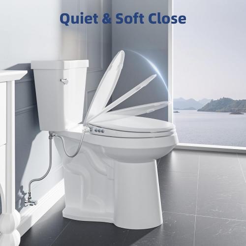 Clirass Bidet Toilet Seat, Soft Close Elongated Toilet Seat, Button control Feminine/Posterior Wash Switch, Knob Control Water Pressure,White Bidet Seat Attachment with Brass inlet
