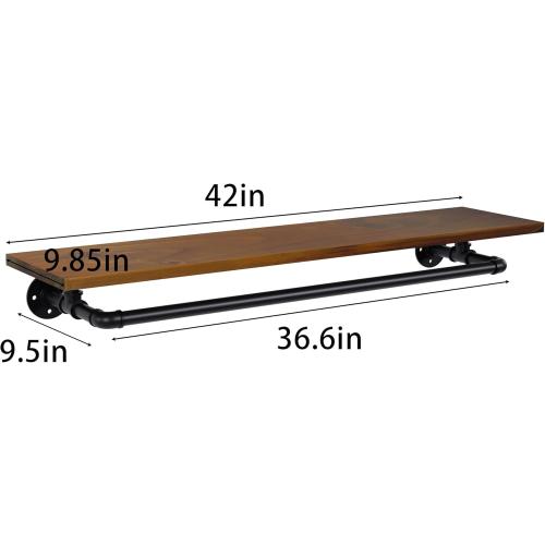 Bathroom Shelves Wall Mounted with Towel Bar, Industrial Pipe Single Tier Floating Shelf, Rustic Wood Shelf 42 Inch for Bathroom Kitchen Living Room Bedroom