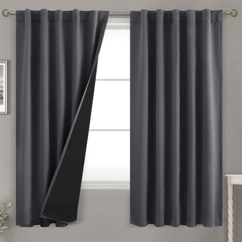 BGment 100% Grey Blackout Curtains for Bedroom 63 Inches Long, Double Layer Room Darkening Thermal Insulated Curtains with Liner Rod Pocket and Back Tab Panels(42 x 63 Inch, 2 Panels, Dark Grey)