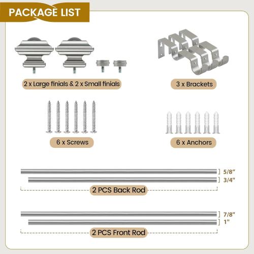 KAMANINA 1 Inch Double Curtain Rods 36 to 72 Inches (3-6 Feet) Telescoping Dark Silver Curtain Rod for Windows 24 to 68 Inches, Heavy Duty Drapery Rods with Square Finials