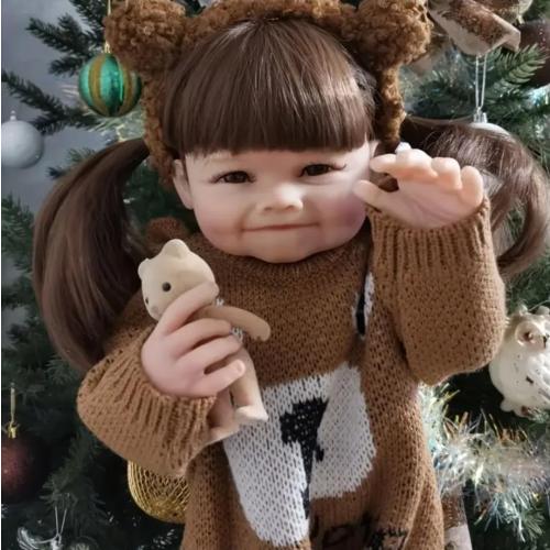 Reborn Baby Doll, 55.88 cm Soft Vinyl, Lifelike Eyes, Deep Brown with Bunny Ears, Collectible